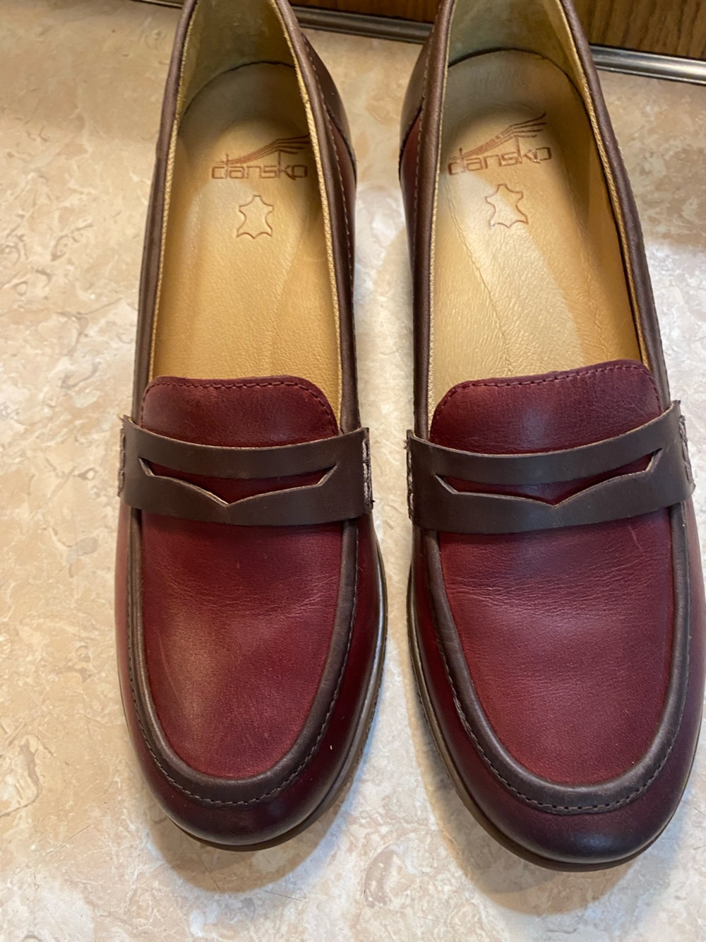 Dansko Burgundy and Dark Brown Leather Penny Loafers